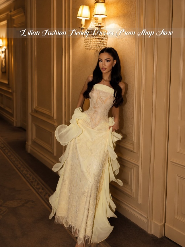 Embroidery Yellow Dress - Soluk Sarı Straplez Orta Doğu Balo