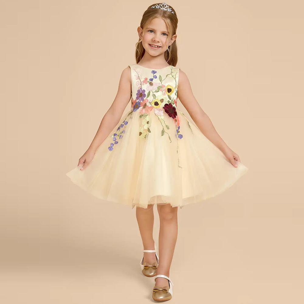 Embroidery Yellow Dress - Özelleştirilmiş Sarı Tül Çiçek Kız Elbiseleri,